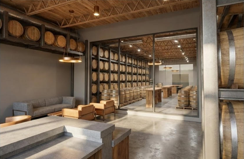Inside Louisville Rickhouse — barrel walls and lounge seating in NuLu, an ideal private event space