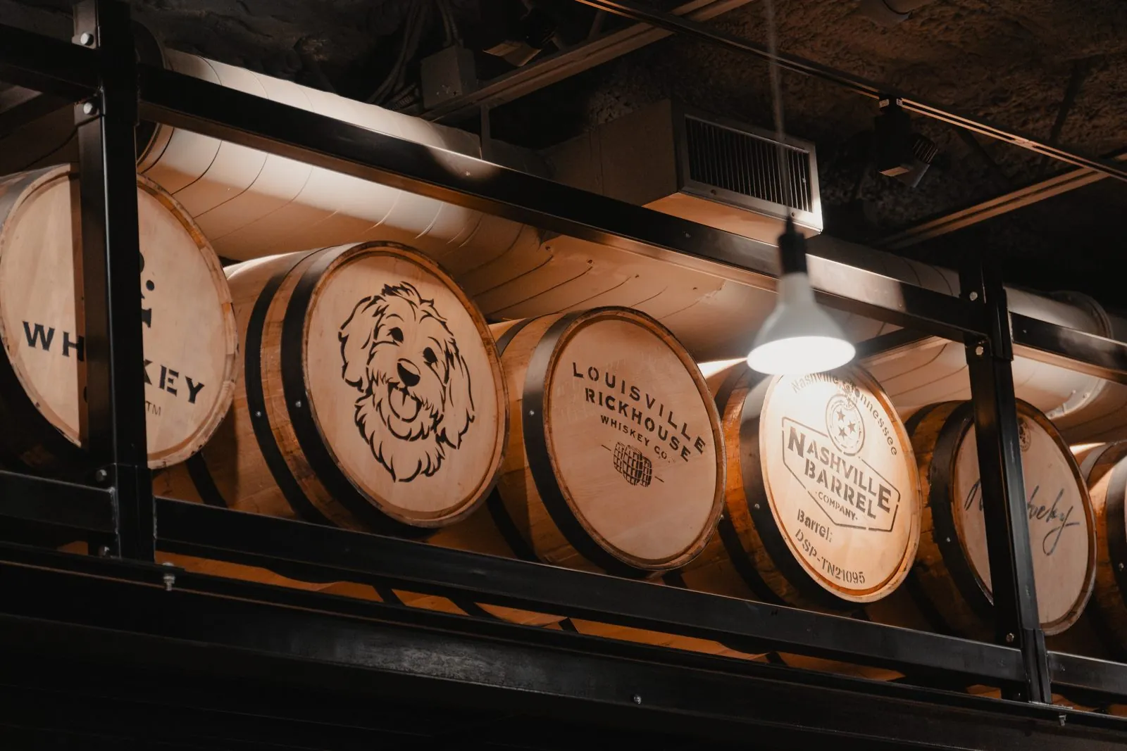 Racks of aging bourbon barrels at Louisville Rickhouse
