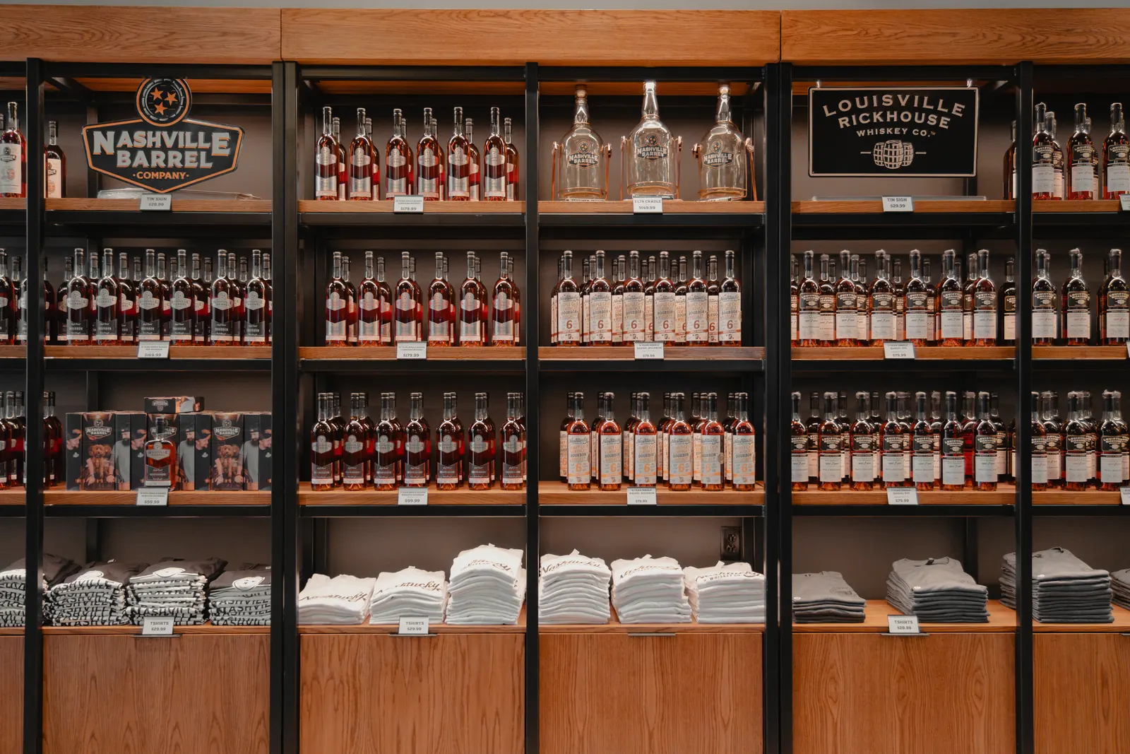 Nashville Barrel Co, Nashtucky, and Louisville Rickhouse single barrel bottles on the shop shelves