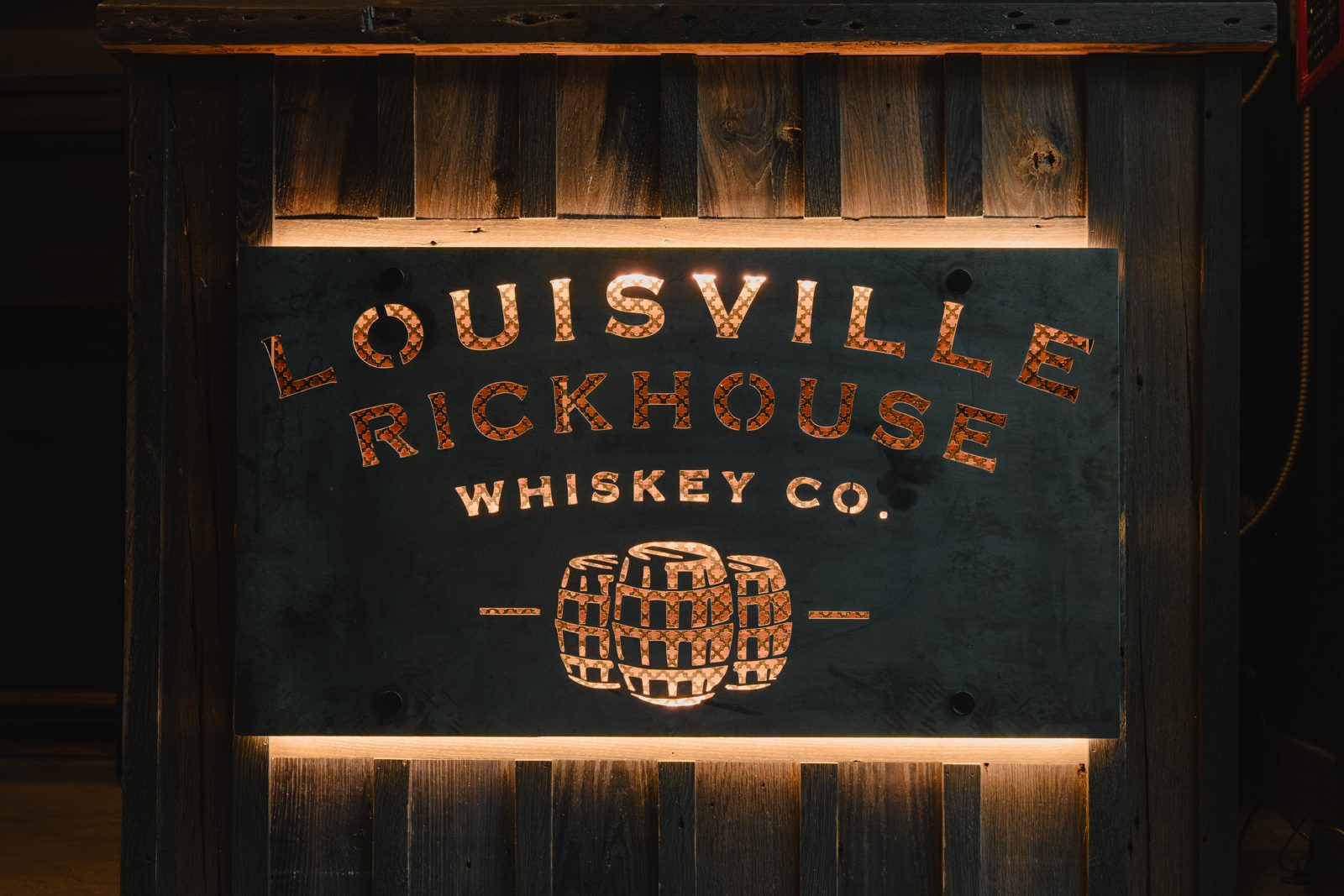 Illuminated Louisville Rickhouse Whiskey Co. sign